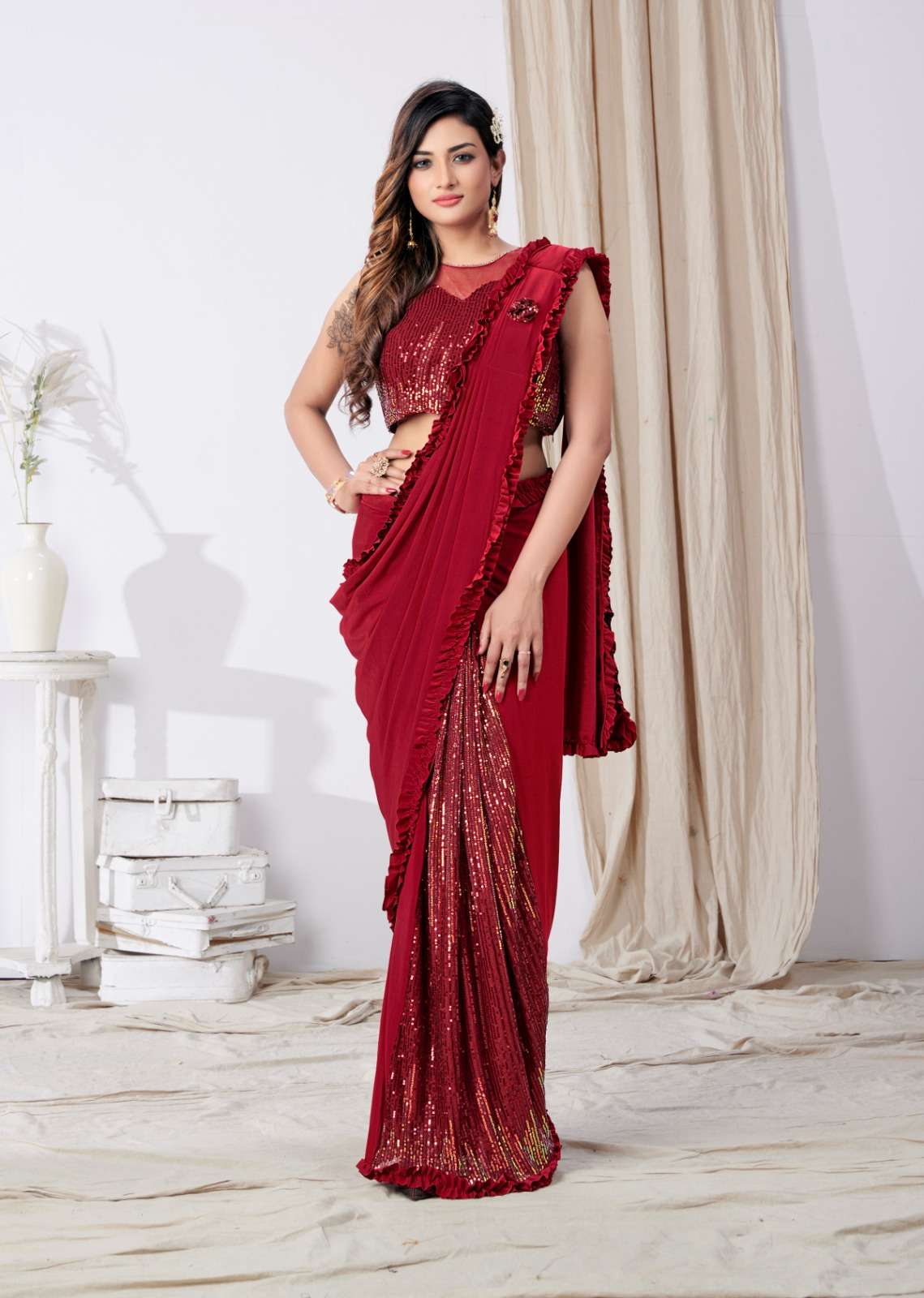 Buy Party Wear Maroon Sequins Work Georgette Saree Online From Surat  Wholesale Shop.