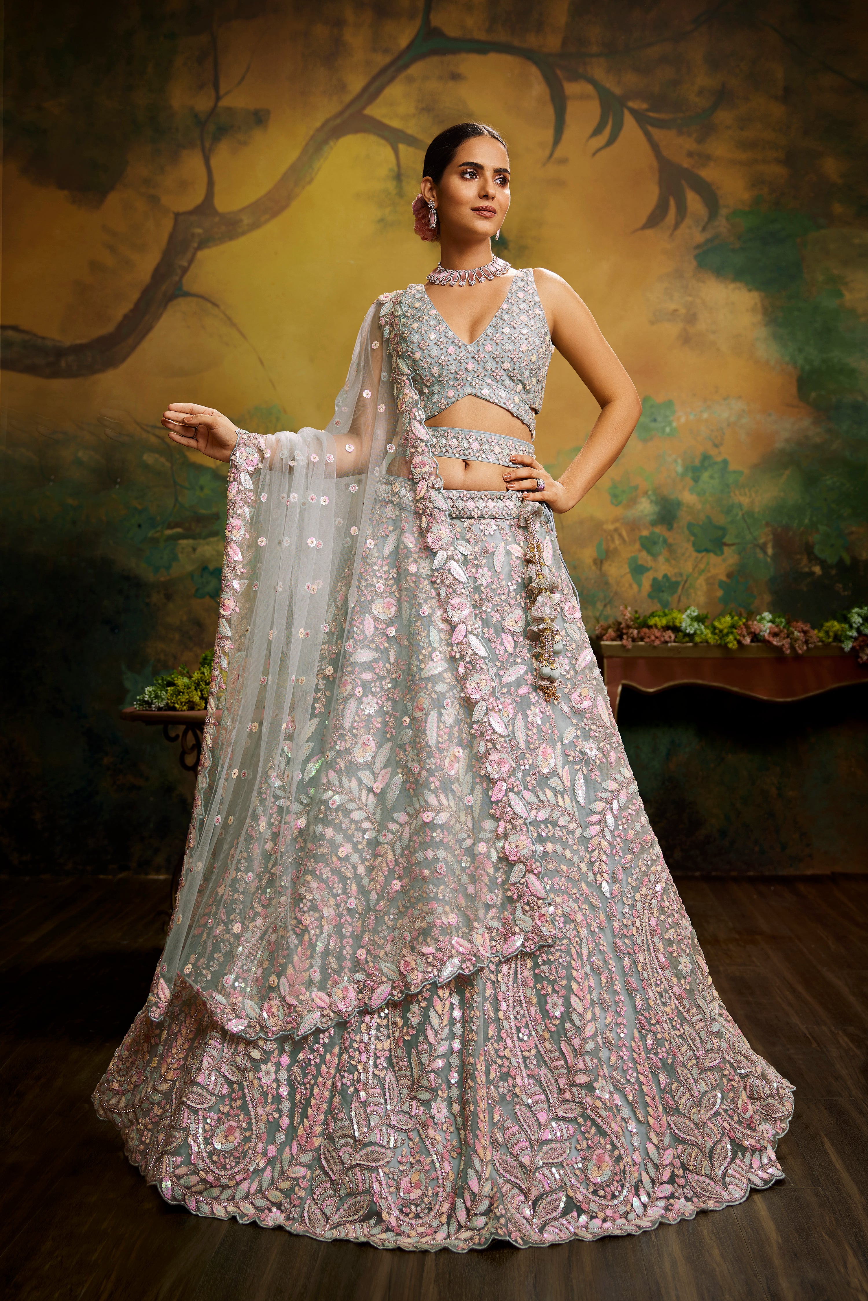 Buy Lavender Thread Net Bridal Lehenga Online from EthnicPlus for ₹10049