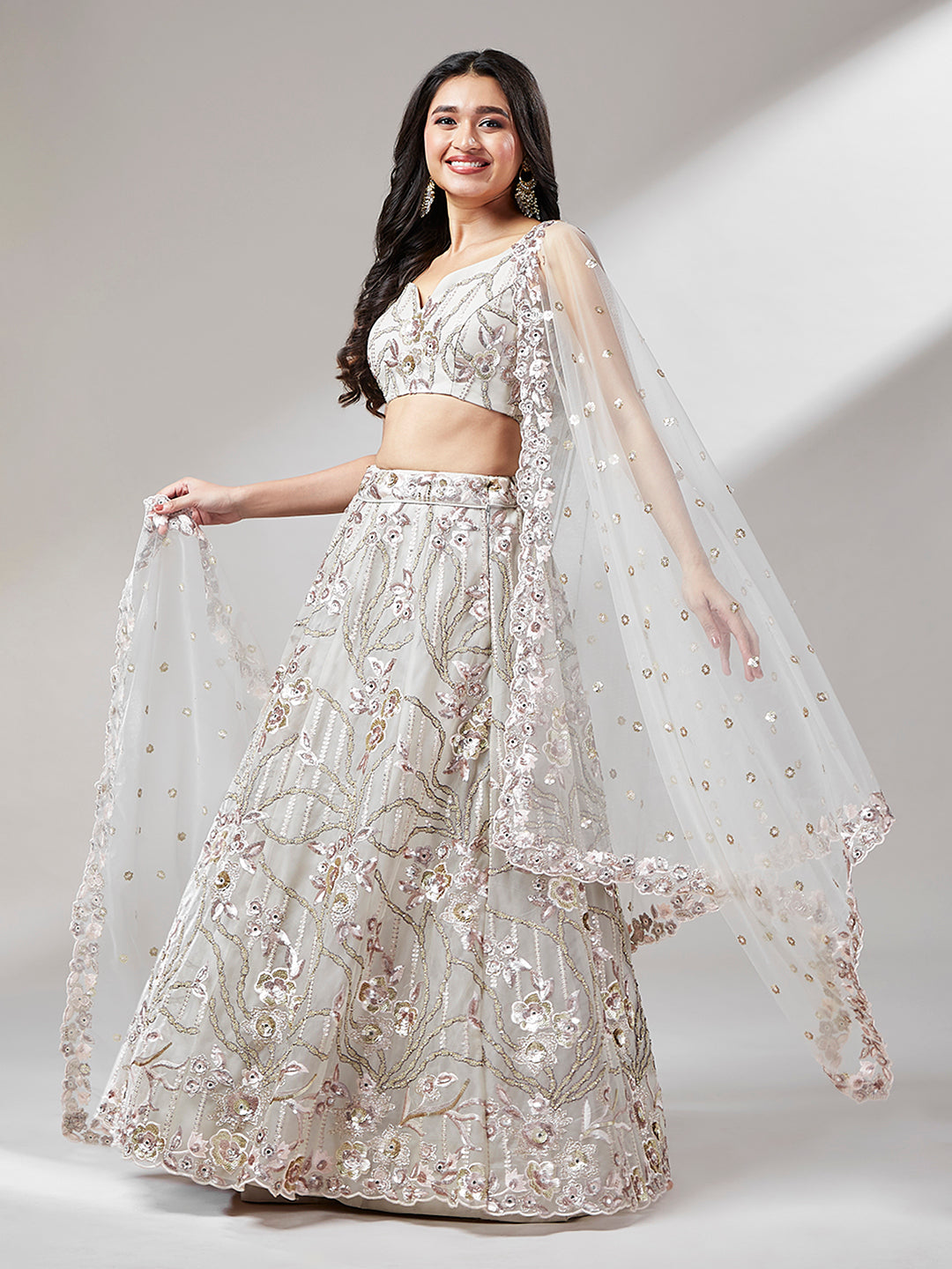 Silver Grey Net Sequins & Beads Embroidered Lehenga Set Design by NITIKA  GUJRAL at Pernia's Pop Up Shop 2024