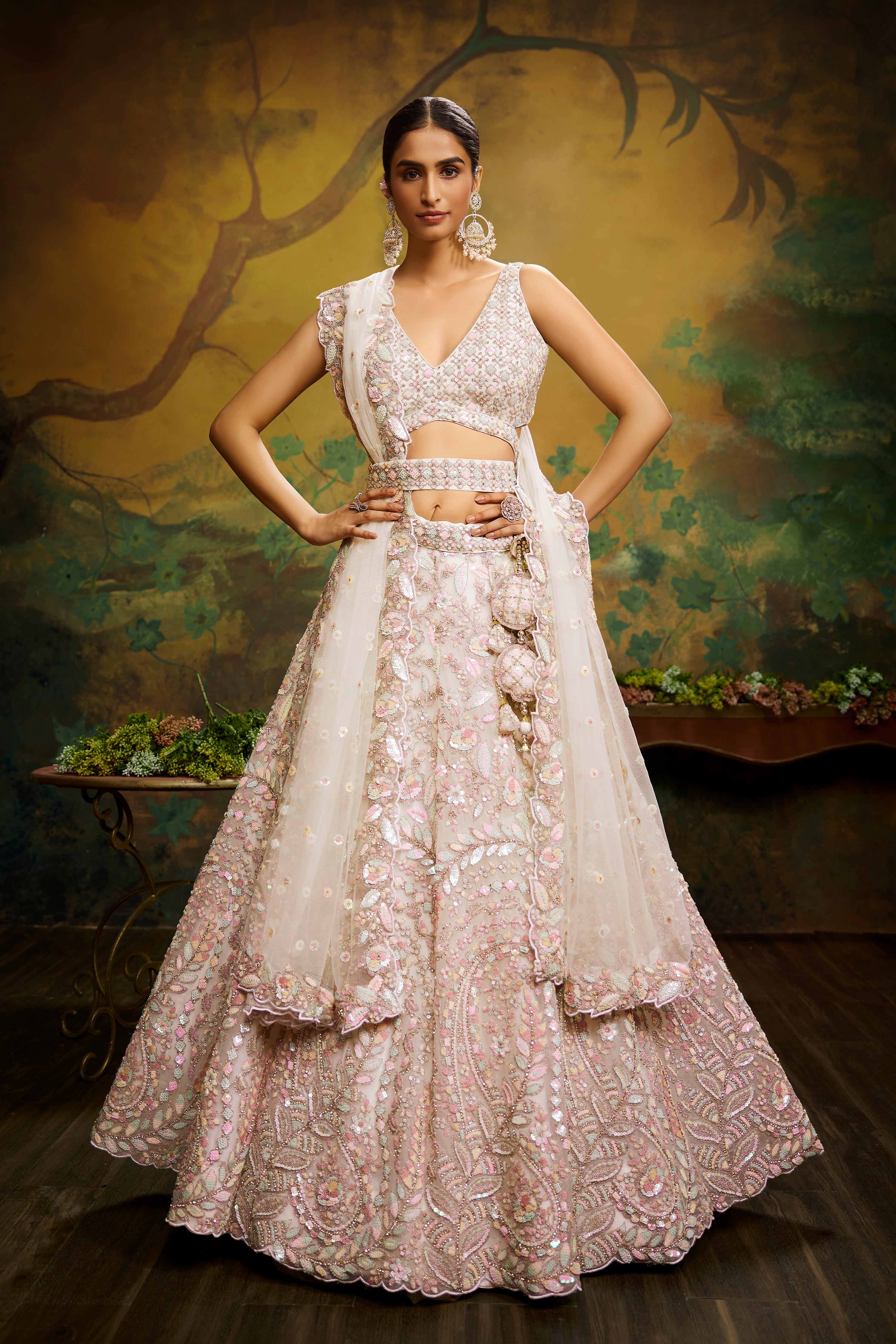 Cream Net Multi Sequins with heavy Zarkan embroidery Bridal Lehenga – MOHAR