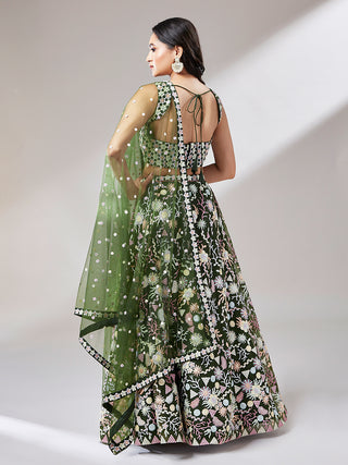 Olive Net heavy Sequinse embroidery Lehenga