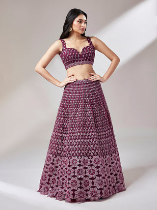 Burgundy Net heavy Sequinse embroidery Lehenga