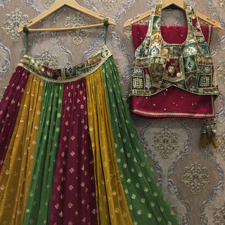 Multi colored lehenga with halter blouse