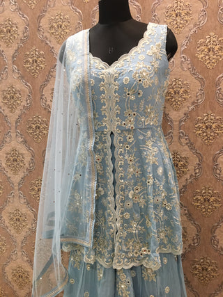 sky blue embroidered sharara