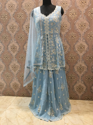 sky blue embroidered sharara