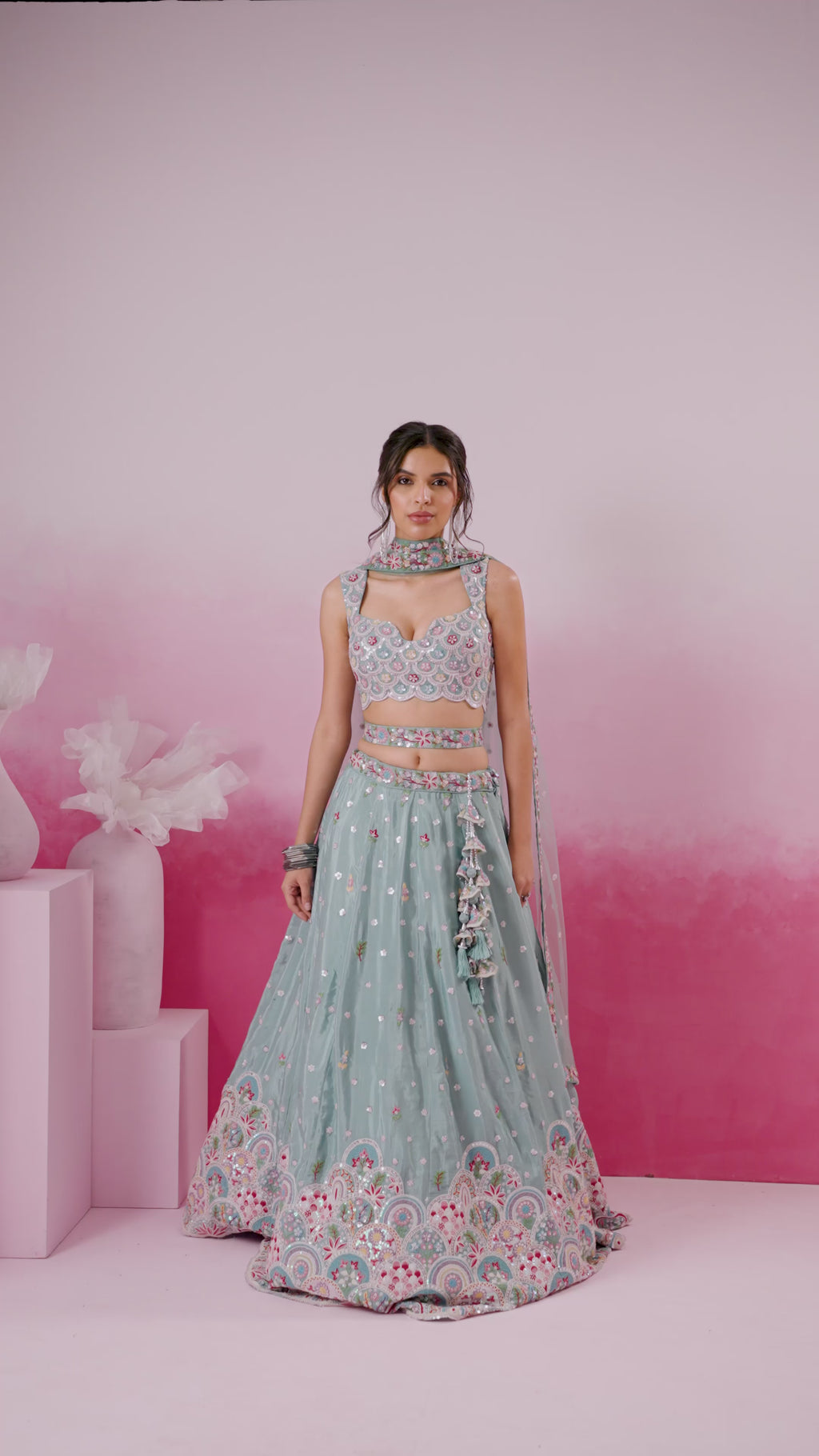 Chiffon Sequins Thread Embroidery Lehenga 