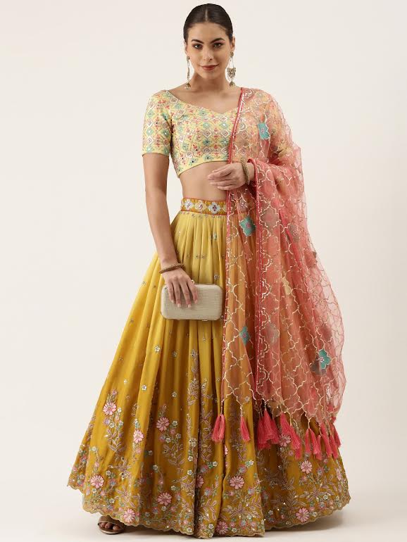 SHUBHKALA Yellow & Pink Cotton Printed Lehenga and Choli Set With Dupatta