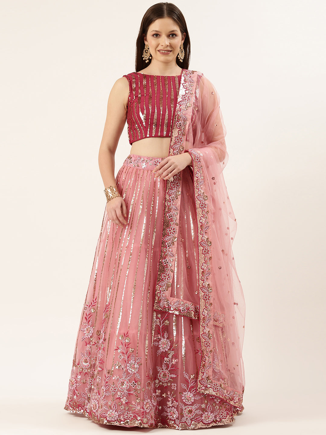Waterfall Sequin embroidered pink and maroon Net Lehenga – MOHAR