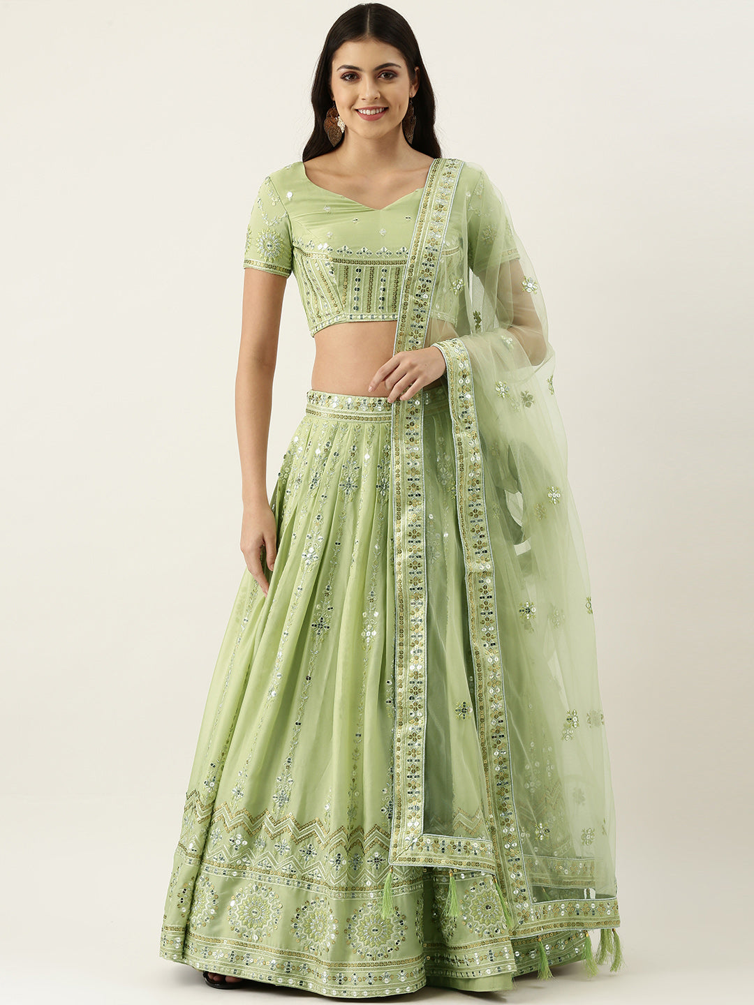 Bridal Lehengas : Pista green soft net sequence work bridal ...