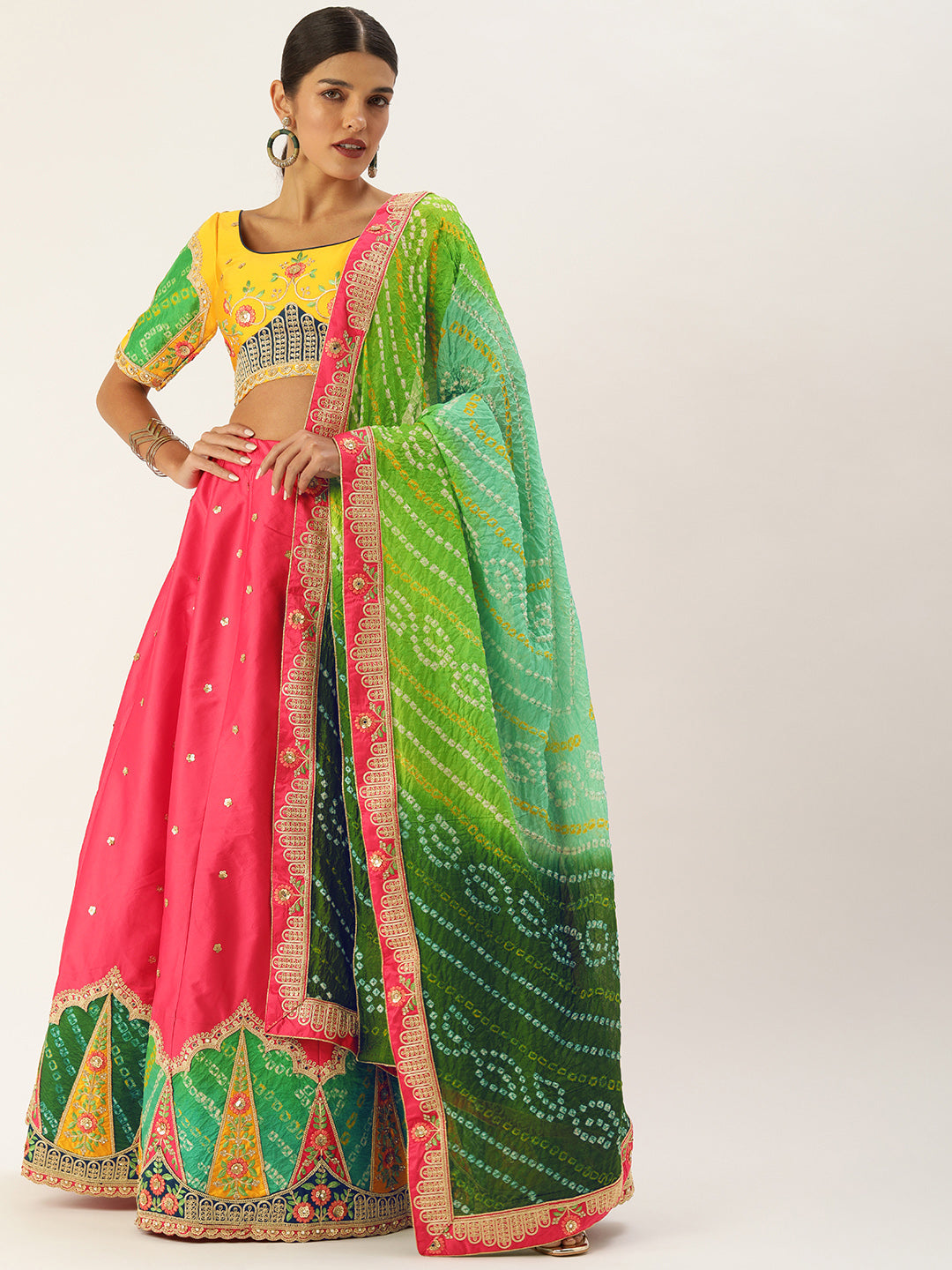 SHUBHKALA Yellow & Pink Embroidered Lehenga and Choli Set With Dupatta