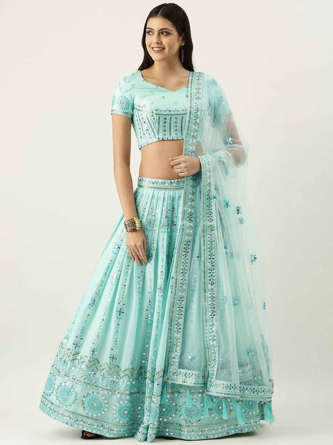 Turquoise Blue Thread Work Butterfly Net Lehenga Choli with Dupatta | –  Brigirl