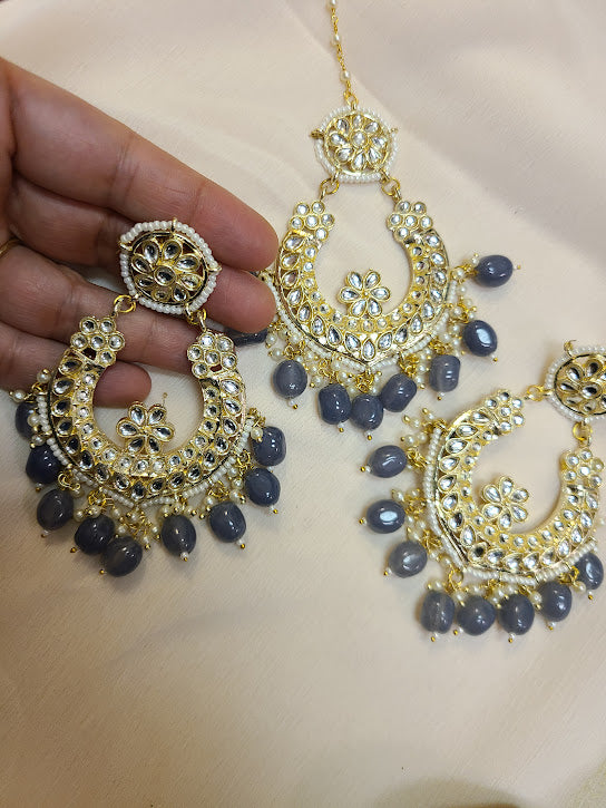 Lemon Colour Punjabi Kundan Earrings with Maang Tikka | FashionCrab.com