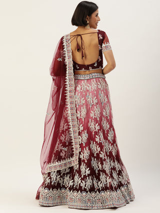 Thread and sequin embroidered Burgundy Lehenga