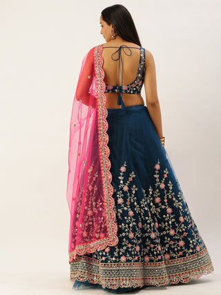 Teal mirror and thread work embroidered net Lehenga with pocket