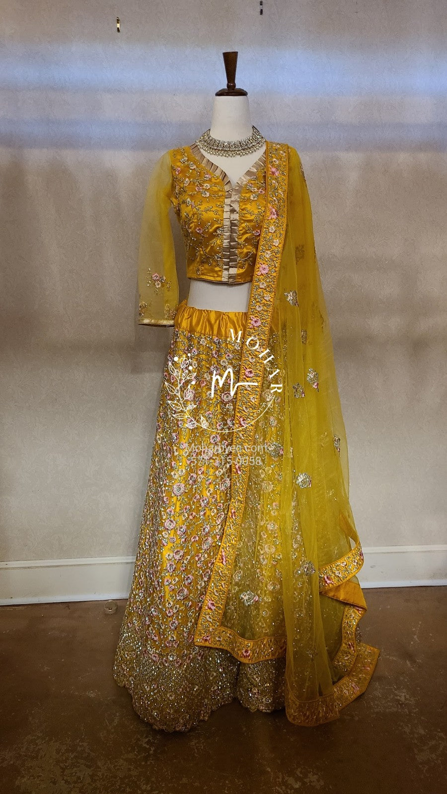 Slate Grey and Yellow Mirror Work Lehenga set with Yellow and Pink Floral  Thread work Embroidery - GetEthnic